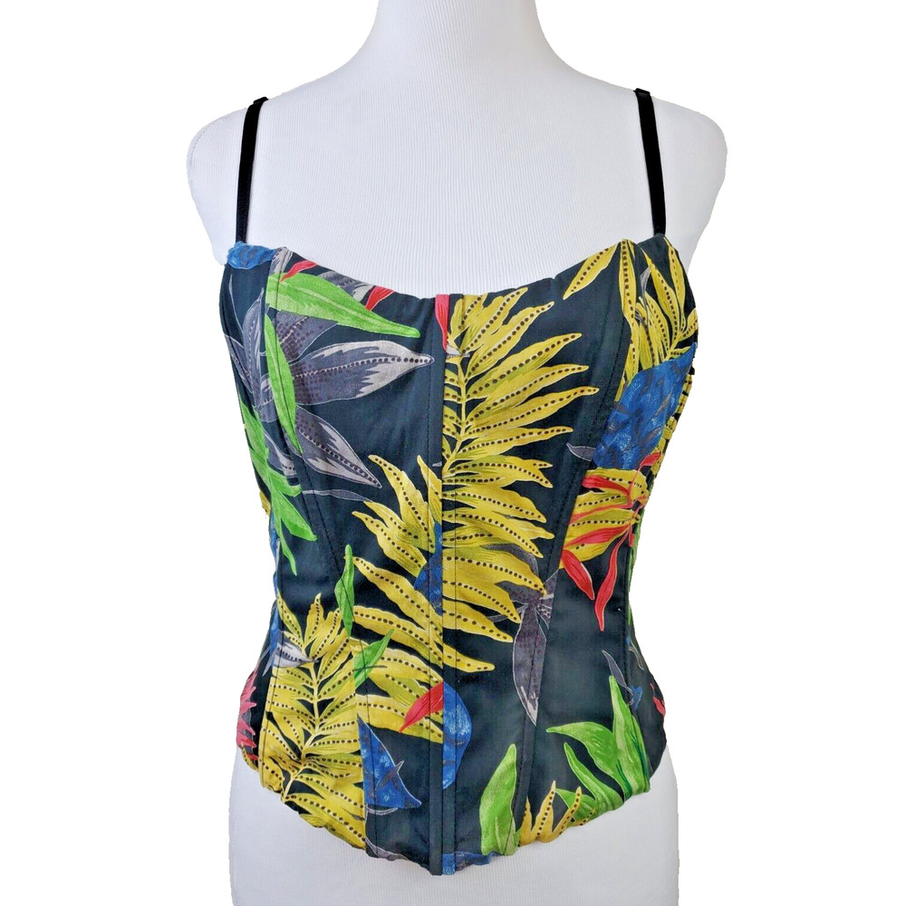 Vintage Floral Tropical Print Corset Top - Yellow & Green